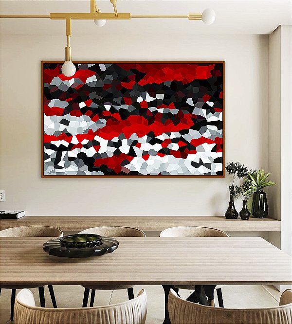 Quadro Horizontal Abstrato Mosaico Vermelho Preto e Branco Canvas Moldura