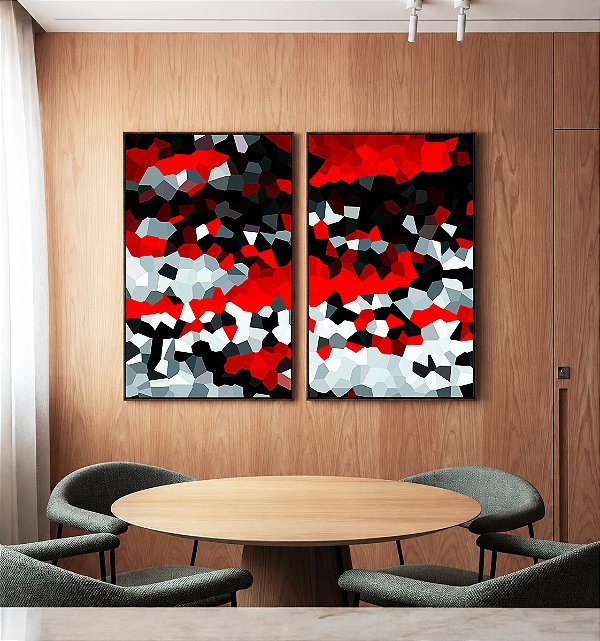 Duo de Quadros Abstrato Mosaico Vermelho Preto e Branco Canvas Moldura