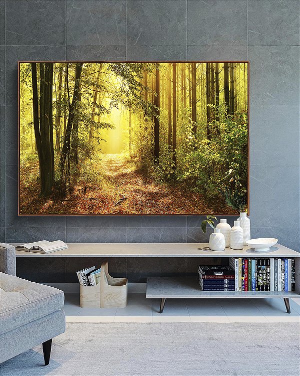 Quadro Horizontal Caminho Iluminado na Floresta Dourada Natureza Paisagem Canvas Moldura