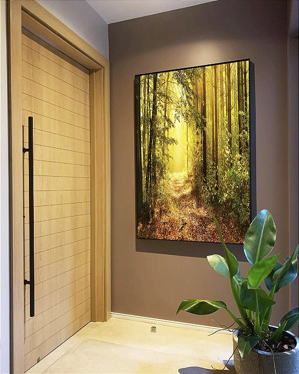 Quadro Vertical Caminho Iluminado na Floresta Dourada Natureza Paisagem Canvas Moldura