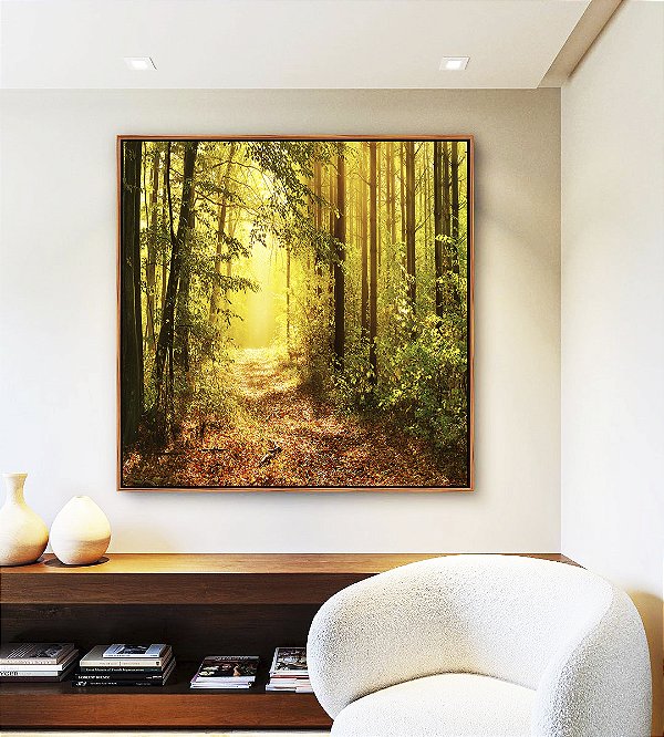 Quadro Quadrado Caminho Iluminado na Floresta Dourada Natureza Paisagem Canvas Moldura