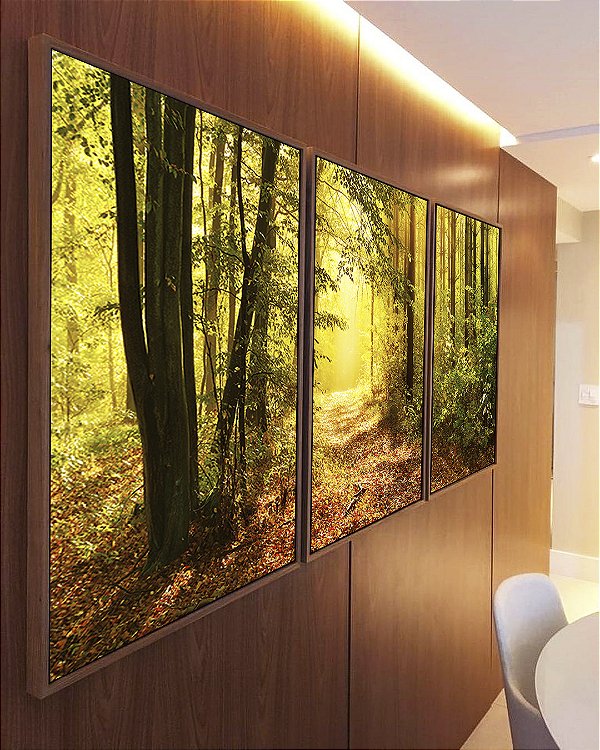 Trio de Quadros Caminho Iluminado na Floresta Dourada Natureza Paisagem Canvas Moldura