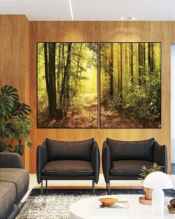 Duo de Quadros Caminho Iluminado na Floresta Dourada Natureza Paisagem Canvas Moldura