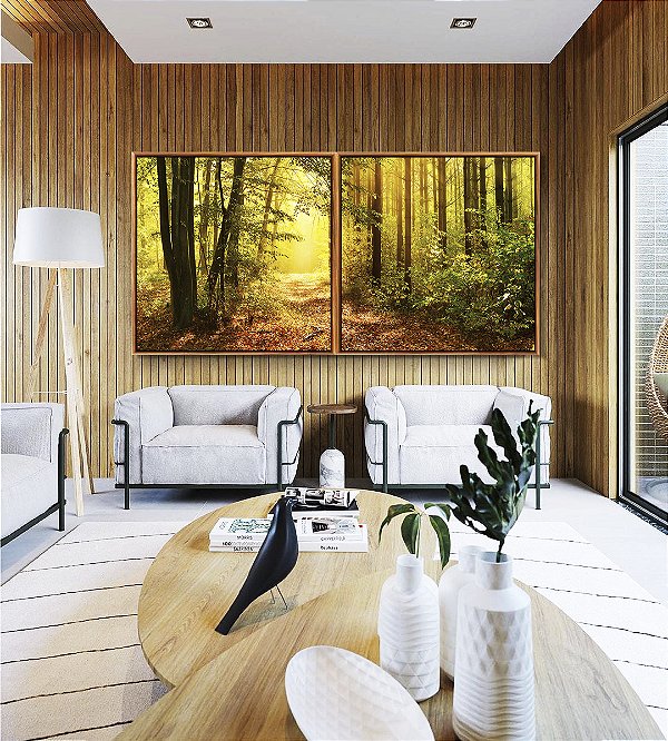 Duo de Quadros Quadrados Caminho Iluminado na Floresta Dourada Natureza Paisagem Canvas Moldura
