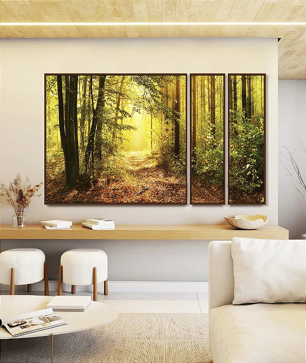 Trio de Quadros Estilizados Caminho Iluminado na Floresta Dourada Natureza Paisagem Canvas Moldura