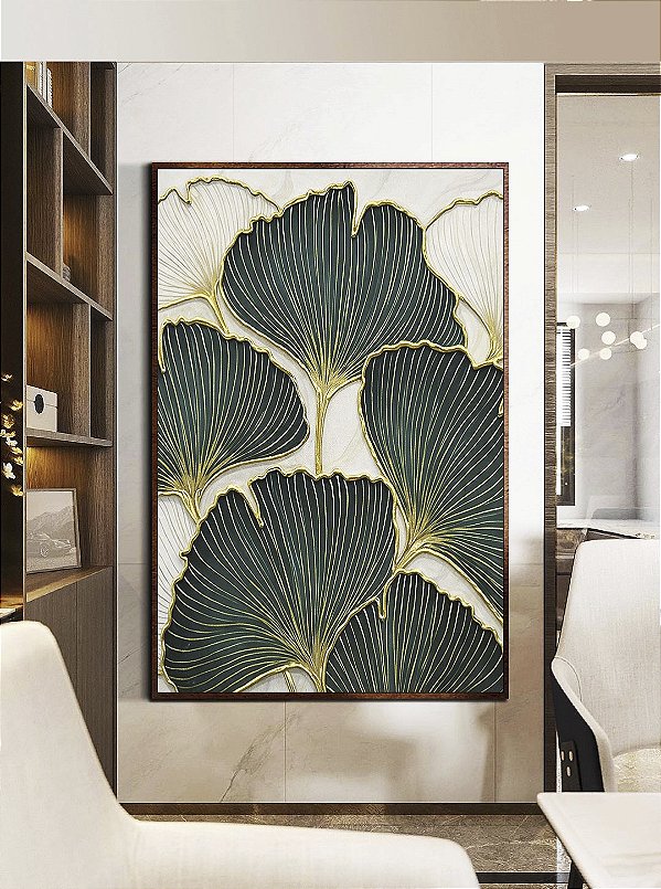 Quadro Vertical Folhas Ginkgo Verde Esmeralda Dourado Natureza Canvas Moldura