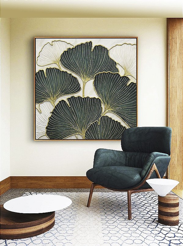 Quadro Quadrado Folhas Ginkgo Verde Esmeralda Dourado Natureza Canvas Moldura