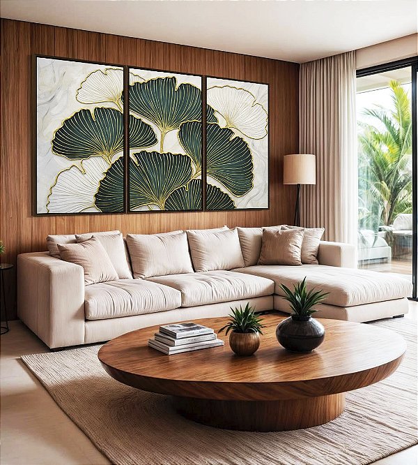 Trio de Quadros Folhas Ginkgo Verde Esmeralda Dourado Natureza Canvas Moldura
