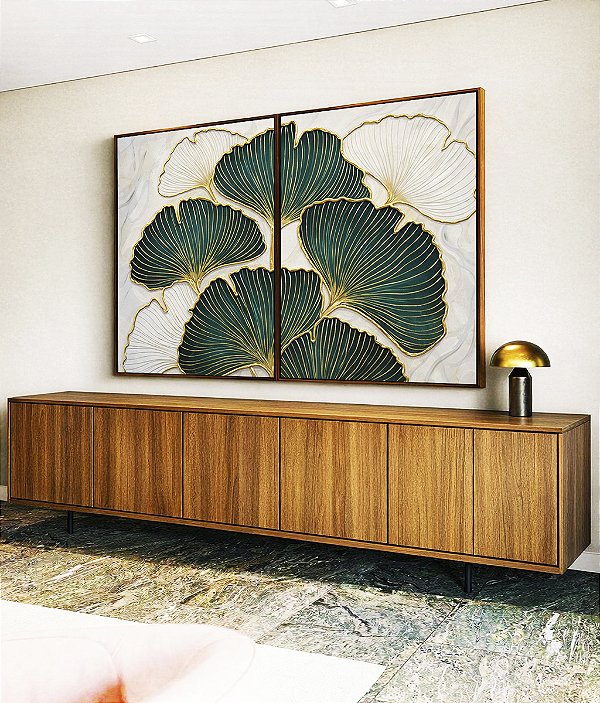 Duo de Quadros Folhas Ginkgo Verde Esmeralda Dourado Natureza Canvas Moldura