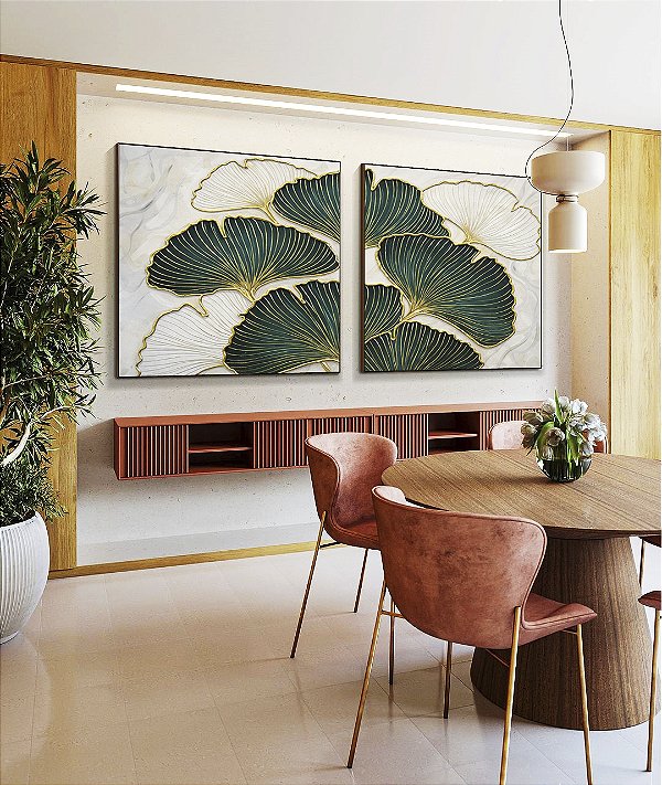 Duo de Quadros Quadrados Folhas Ginkgo Verde Esmeralda Dourado Natureza Canvas Moldura