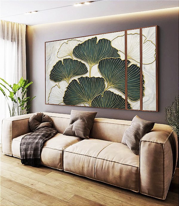 Trio de Quadros Estilizados Folhas Ginkgo Verde Esmeralda Dourado Natureza Canvas Moldura