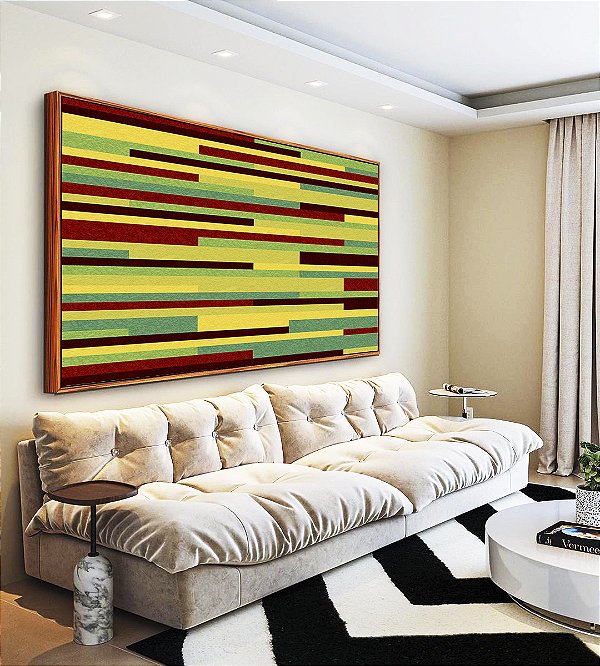 Quadro Horizontal Abstrato Mosaico Geométrico Amarelo Limão Vermelho Listras Tiras Canvas Moldura