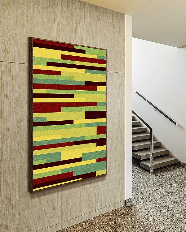 Quadro Vertical Abstrato Mosaico Geométrico Amarelo Limão Vermelho Listras Tiras Canvas Moldura