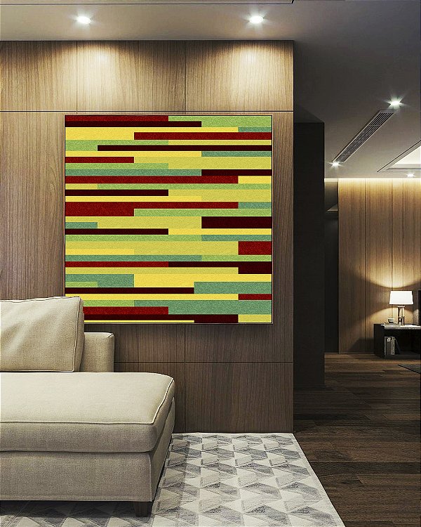 Quadro Quadrado Abstrato Mosaico Geométrico Amarelo Limão Vermelho Listras Tiras Canvas Moldura