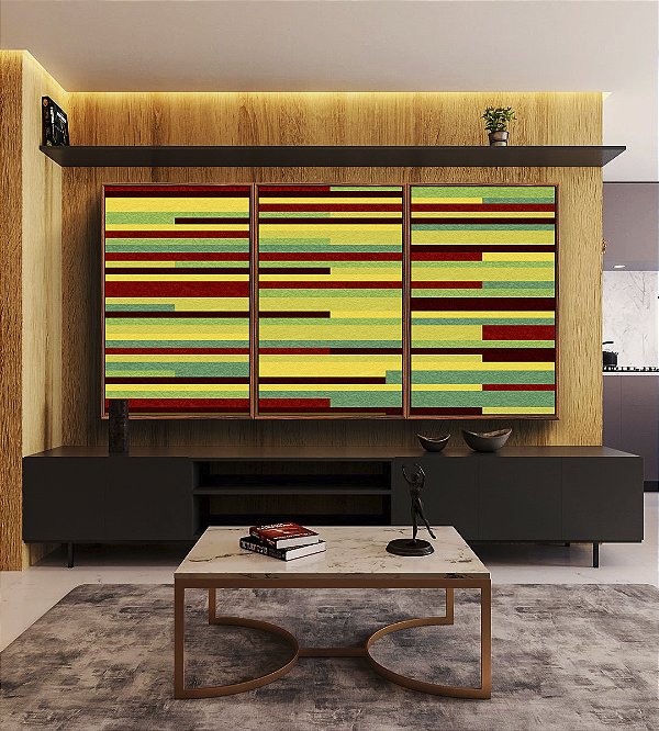Trio de Quadros Abstrato Mosaico Geométrico Amarelo Limão Vermelho Listras Tiras Canvas Moldura