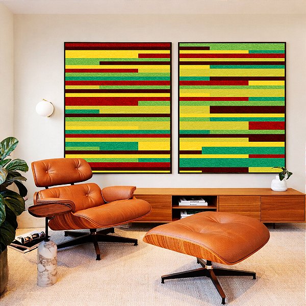 Duo de Quadros Abstrato Mosaico Geométrico Amarelo Limão Vermelho Listras Tiras Canvas Moldura