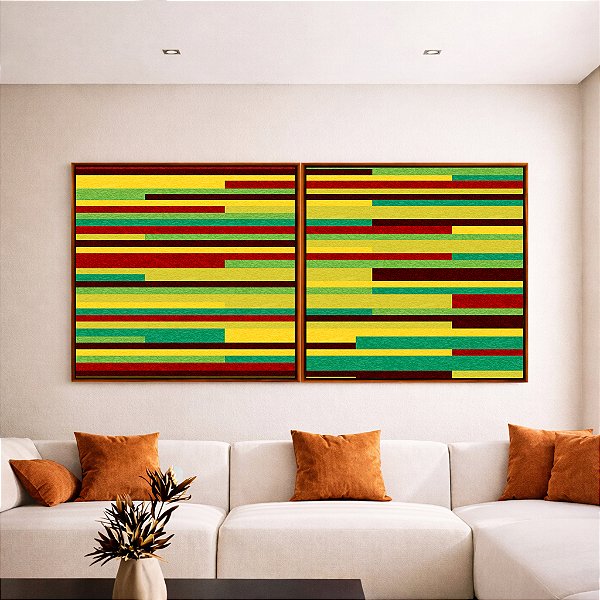 Duo de Quadros Quadrados Abstrato Mosaico Geométrico Amarelo Limão Vermelho Listras Tiras Canvas Moldura