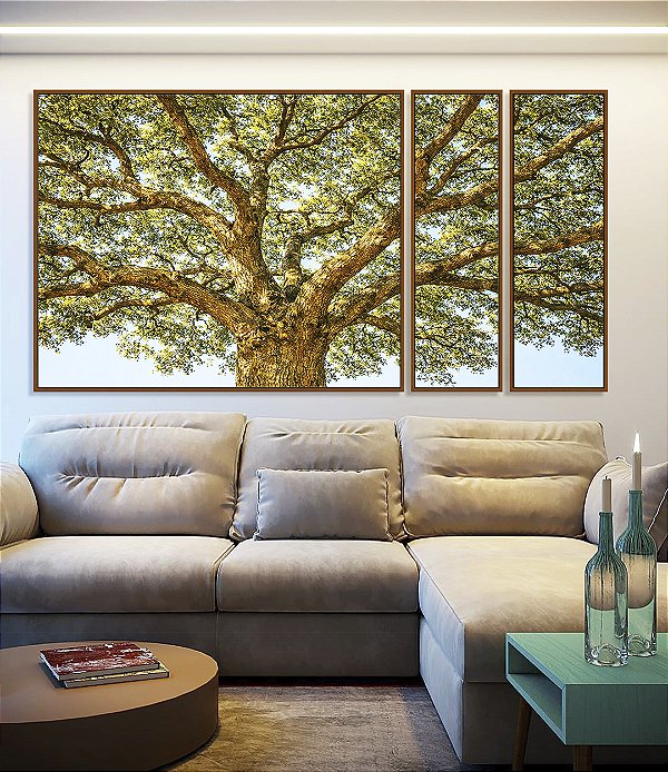 Trio de Quadros Estilizados Paisagem Copa de Árvore iluminada Natureza Canvas Moldura