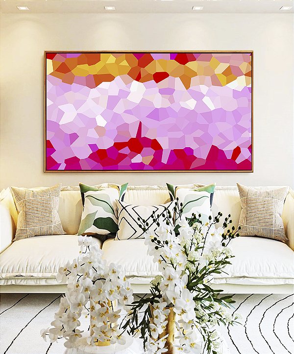 Quadro Horizontal Abstrato Mosaico Rosa Laranja Canvas Moldura