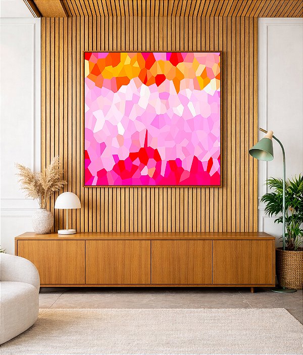 Quadro Quadrado Abstrato Mosaico Rosa Laranja Canvas Moldura