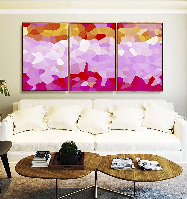 Trio de Quadros Abstrato Mosaico Rosa Laranja Canvas Moldura