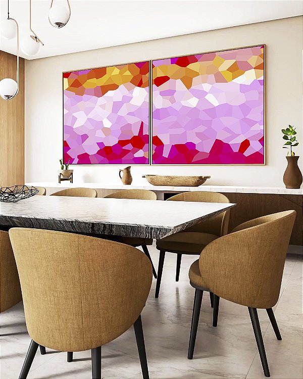Duo de Quadros Quadrados Abstrato Mosaico Rosa Laranja Canvas Moldura