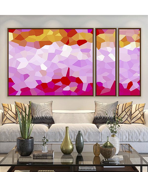 Trio de Quadros Estilizados Abstrato Mosaico Rosa Laranja Canvas Moldura