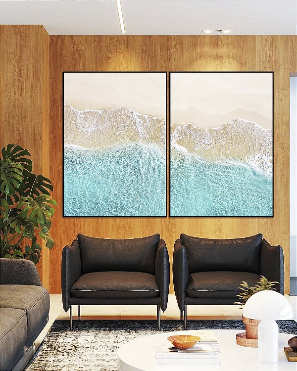 Duo de Quadros Praia Paradisíaca Mar Turquesa Cristalino Natureza Canvas Moldura