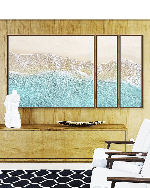 Trio de Quadros Estilizados Praia Paradisíaca Mar Turquesa Cristalino Natureza Canvas Moldura