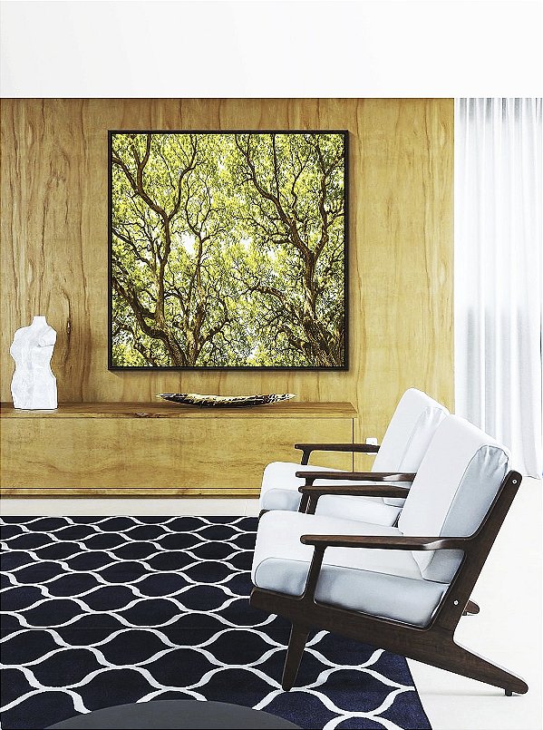 Quadro Quadrado Copa de Árvore Iluminada Galhos Folhas Verdes Natureza Canvas Moldura