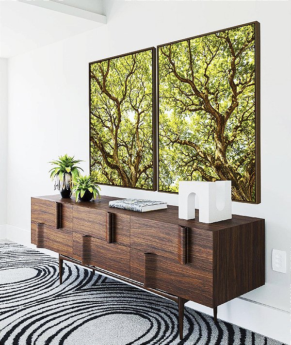 Duo de Quadros Copa de Árvore Iluminada Galhos Folhas Verdes Natureza Canvas Moldura