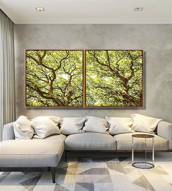 Duo de Quadros Quadrados Copa de Árvore Iluminada Galhos Folhas Verdes Natureza Canvas Moldura