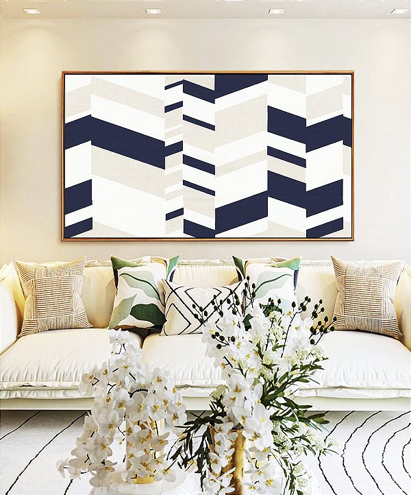 Quadro Abstrato Geométrico Mosaico Azul Bege Branco Canvas Moldura