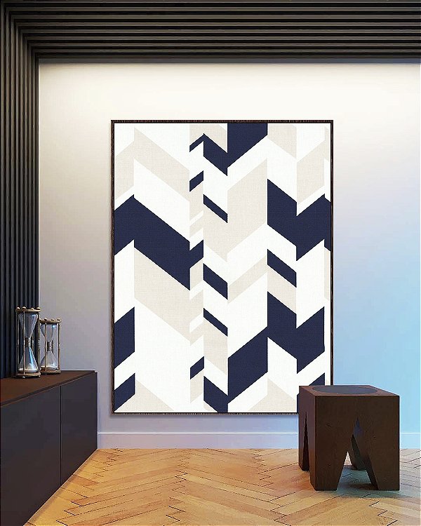 Quadro Vertical Abstrato Geométrico Mosaico Azul Bege Branco Canvas Moldura