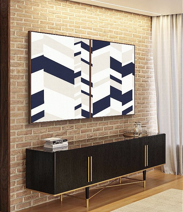 Duo de Quadros Abstrato Geométrico Mosaico Azul Bege Branco Canvas Moldura