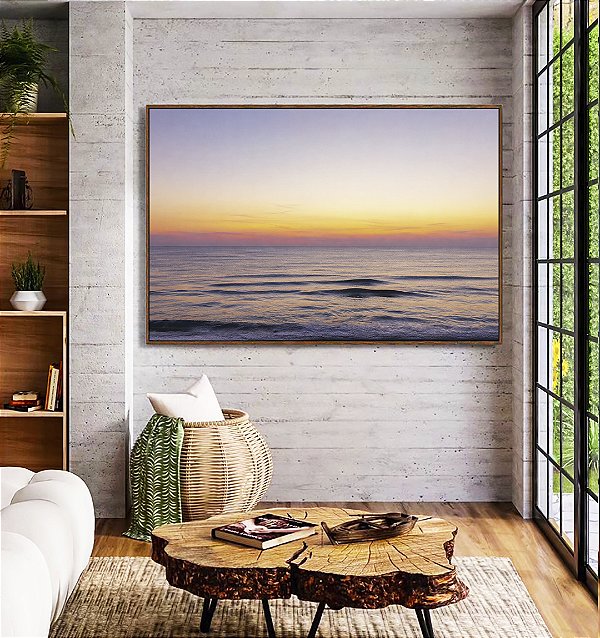 Quadro Horizontal Mar Sereno ao Entardecer Pôr so Sol Praia Azul Canvas Moldura