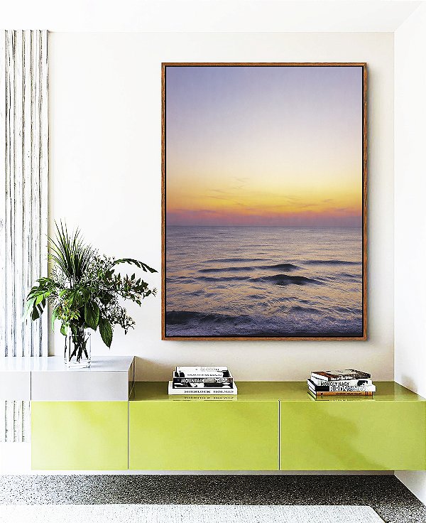 Quadro Vertical Mar Sereno ao Entardecer Pôr so Sol Praia Azul Canvas Moldura