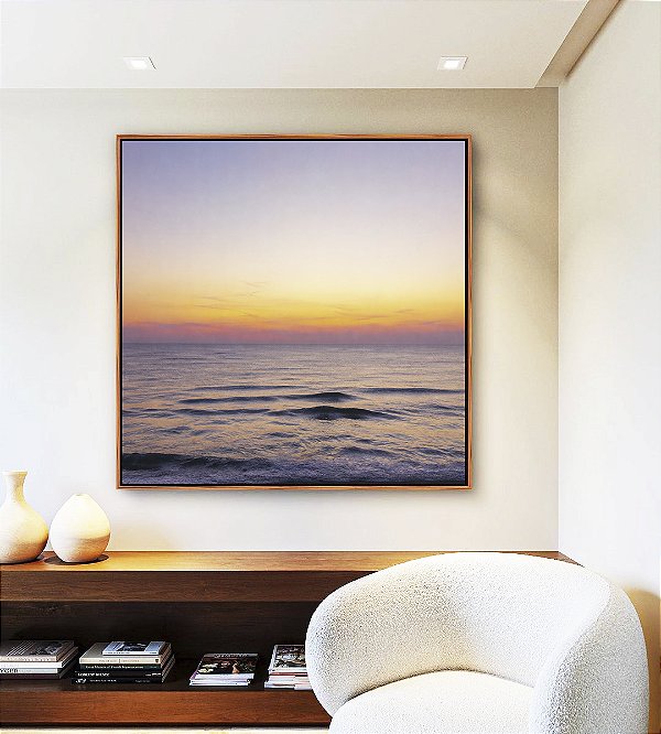 Quadro Quadrado Mar Sereno ao Entardecer Pôr so Sol Praia Azul Canvas Moldura