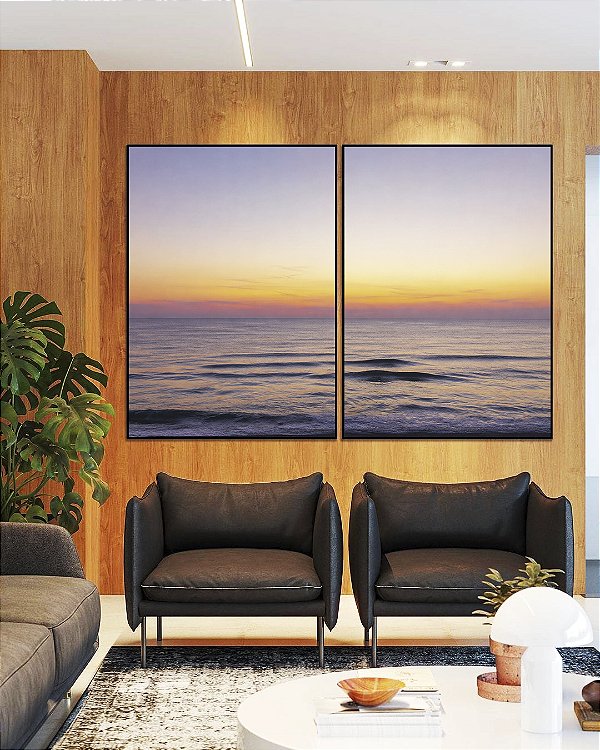 Duo de Quadros Mar Sereno ao Entardecer Pôr so Sol Praia Azul Canvas Moldura