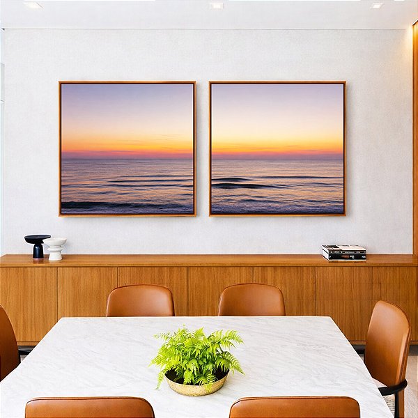 Duo de Quadros Quadrados Mar Sereno ao Entardecer Pôr so Sol Praia Azul Canvas Moldura