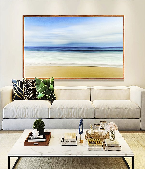 Quadro Horizontal Praia Mar Azul Sereno Nuvens Movimento Canvas Moldura
