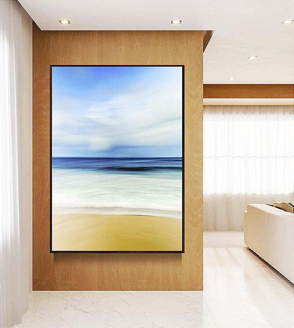 Quadro Vertical Praia Mar Azul Sereno Nuvens Movimento Canvas Moldura