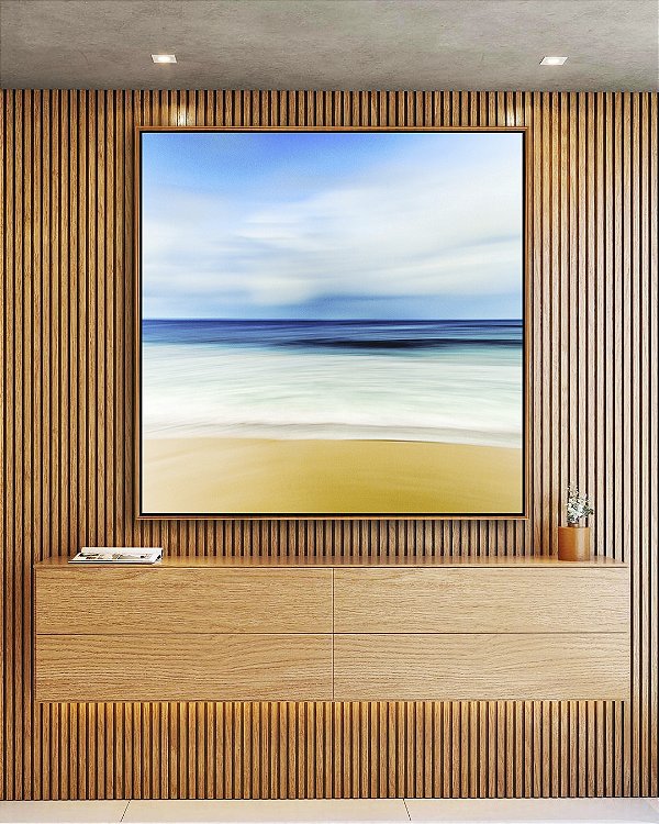 Quadro Quadrado Praia Mar Azul Sereno Nuvens Movimento Canvas Moldura