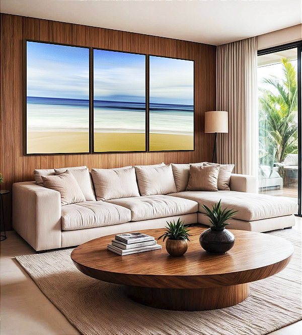 Trio de Quadros Praia Mar Azul Sereno Nuvens Movimento Canvas Moldura