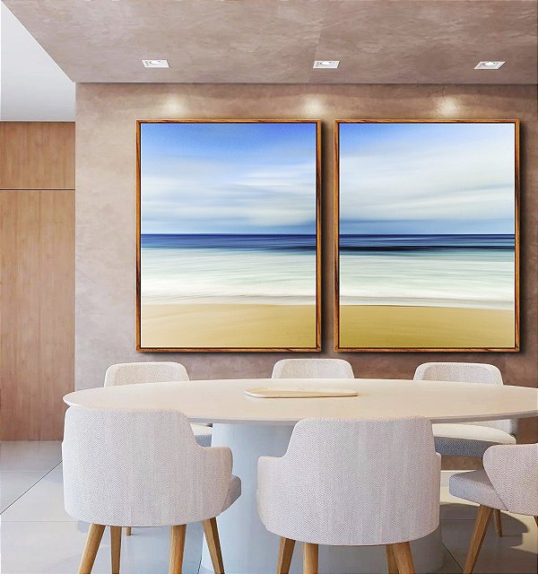 Duo de Quadros Praia Mar Azul Sereno Nuvens Movimento Canvas Moldura