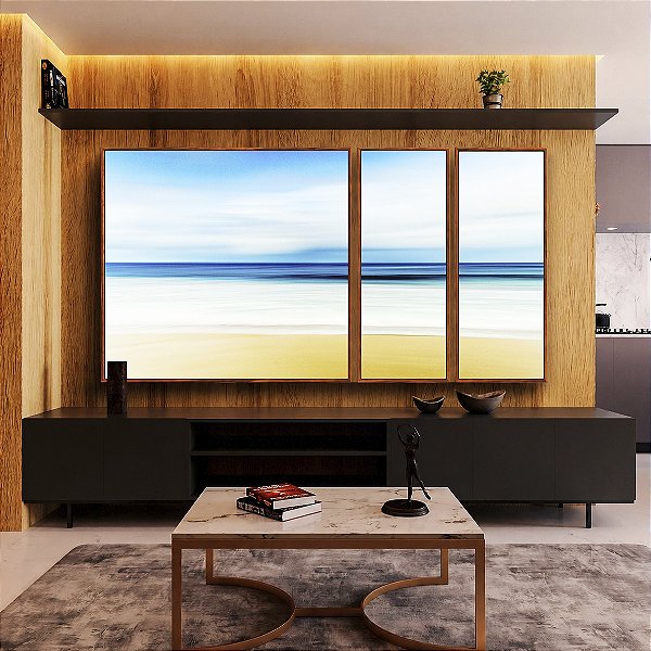 Trio de Quadros Estilizados Praia Mar Azul Sereno Nuvens Movimento Canvas Moldura