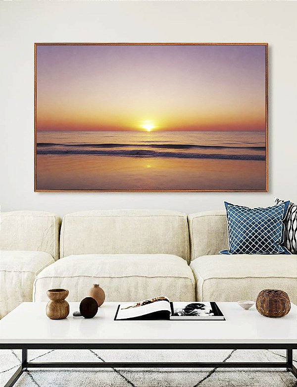 Quadro Horizontal Pôr do Sol no Mar Praia Céu Lilás Serenidade Canvas Moldura