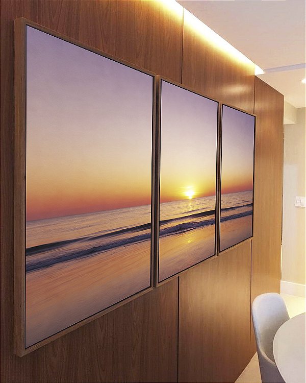 Trio de Quadros Pôr do Sol no Mar Praia Céu Lilás Serenidade Canvas Moldura
