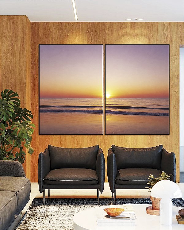 Duo de Quadros Pôr do Sol no Mar Praia Céu Lilás Serenidade Canvas Moldura