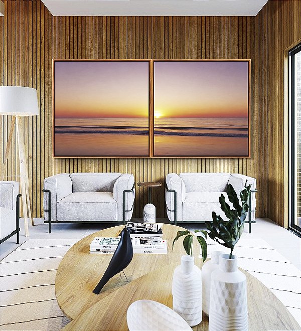 Duo de Quadros Quadrados Pôr do Sol no Mar Praia Céu Lilás Serenidade Canvas Moldura